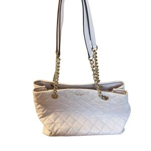 Kate Spade Quilted‎ Leather Tote Bag White Gold Chain Shoulder Purse Medium